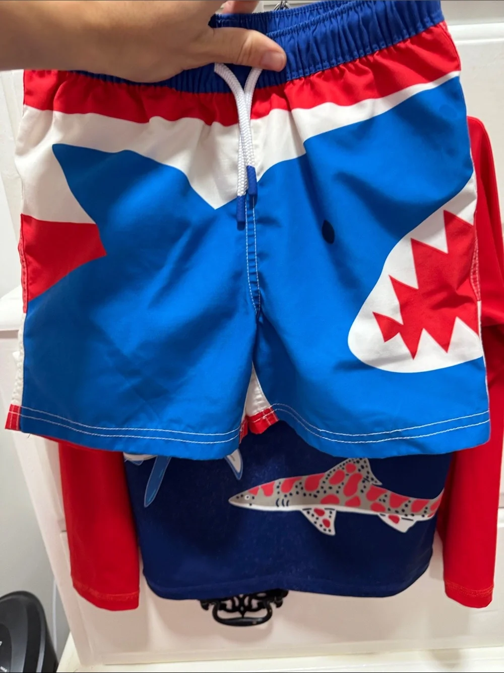 Mini Boden Kids Rash Guard Swim Shirt - Navy & Red Sharks and shorts set